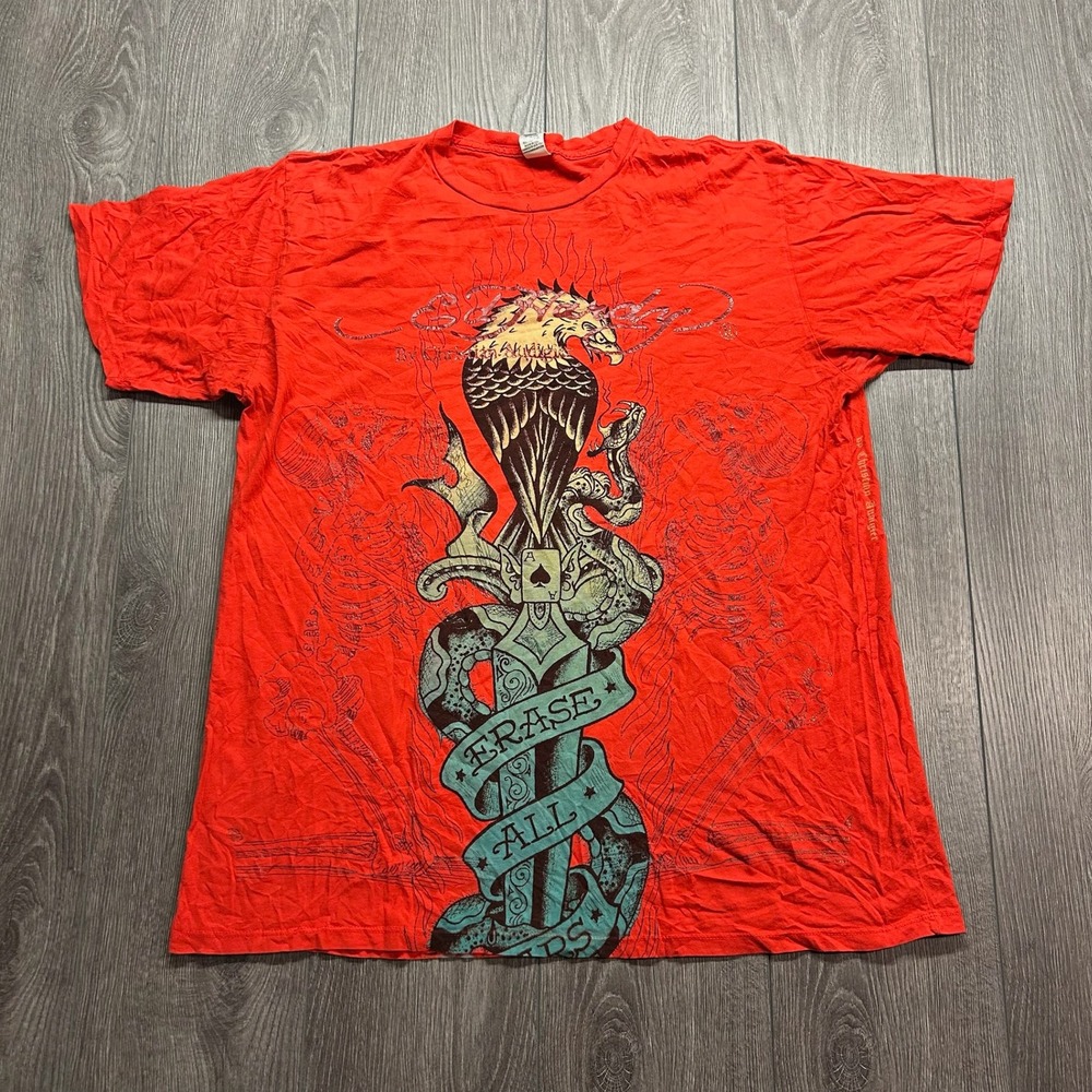 Vintage Ed Hardy Christian Audigier XXL Erase All Fears Red Graphic T-Shirt Y2k